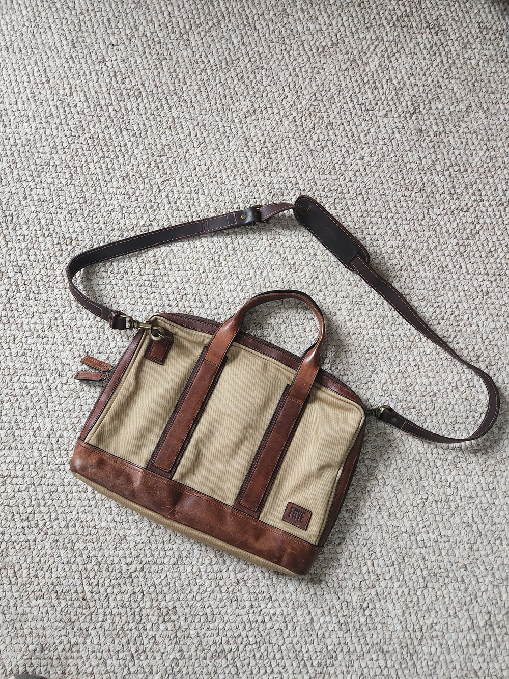 Frye Men’s Canvas & Leather Messenger Bag in Khaki/Brown